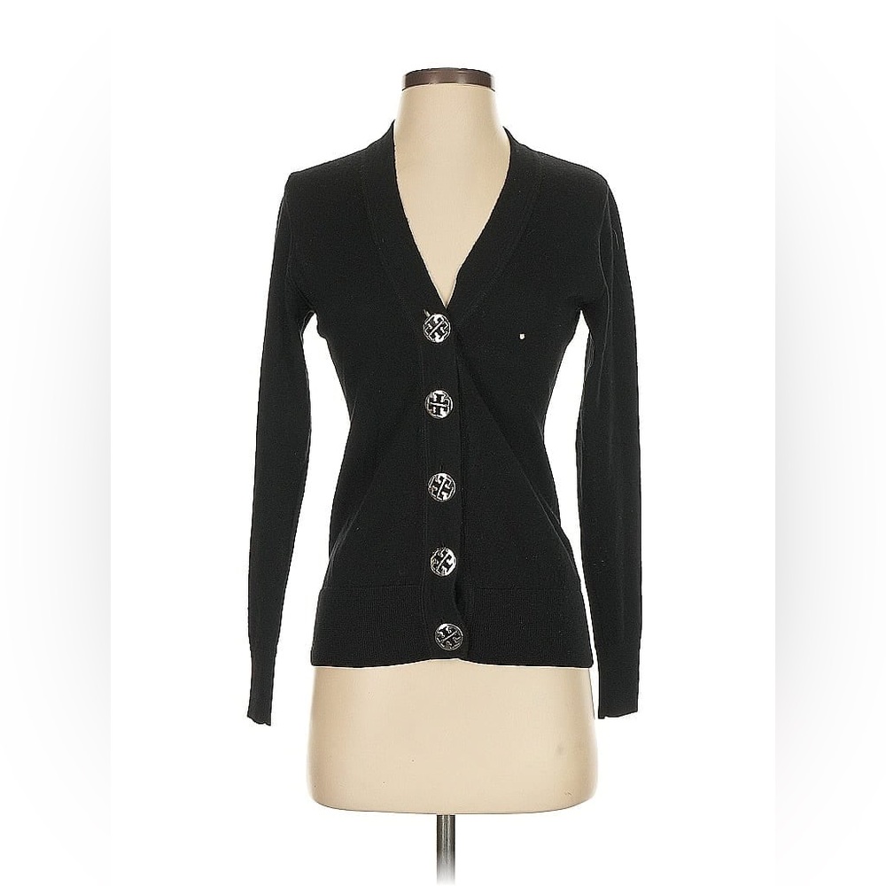Tory Burch Logo Button V-Neck Cardigan 
In black and green
Size XS